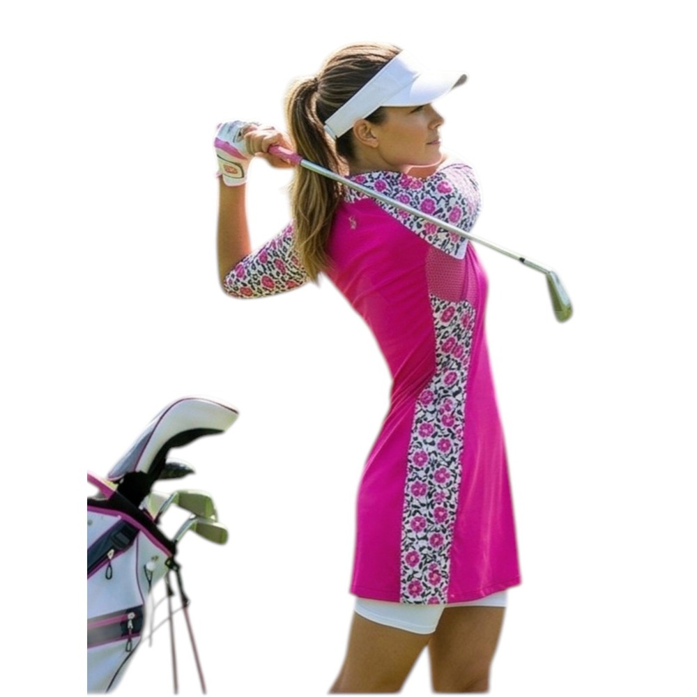 SAN SOLEIL Golf Dress with shorts Medium Pink Floral 1/4 Zip UPV 50 NWT $139 - Picture 7 of 13